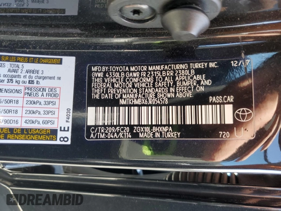 2018 Toyota C-HR XLE with VIN NMTKHMBX6JR054578, listed as a Copart auction lot 52027485 with 82,736 mi miles and Salvage Title. Bid and sale history available at DreamBid. Image 13.