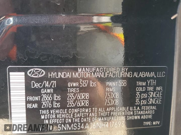 2022 Hyundai Santa Fe SEL z VIN 5NMS34AJ6NH417693, wystawiony jako Copart lot #51694935 z przebiegiem 46 011 mil mil oraz Szkoda całkowita • Salvage title. Historia ofert i sprzedaży dostępna na DreamBid. Obrazek 15.