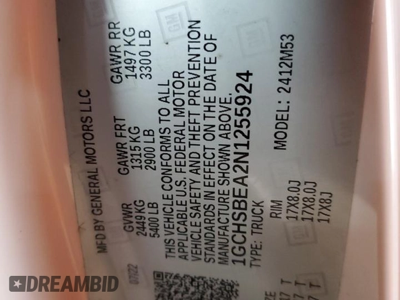 2022 Chevrolet Colorado 2WD Work Truck z VIN 1GCHSBEA2N1255924, wystawiony jako Copart lot #50080825 z przebiegiem 55 117 mil mil oraz Szkoda całkowita • Salvage title. Historia ofert i sprzedaży dostępna na DreamBid. Obrazek 12.