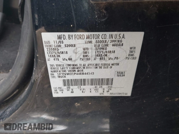2004 Ford F-250 XL with VIN 1FTNW21P44EB44543, listed as a IAAI auction lot 42644713 with 123,365 mi miles and . Bid and sale history available at DreamBid. Image 9.