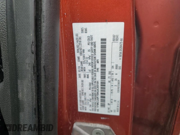 2019 Ford Escape S with VIN 1FMCU0F75KUC55191, listed as a Copart auction lot 58236645 with Not provided miles and Salvage title. Bid and sale history available at DreamBid. Image 12.