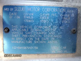 2007 Suzuki SX4 with VIN JS2YB413875101738, listed as a Copart auction lot 74173834 with 99,091 mi miles and Salvage Title. Bid and sale history available at carsss.com. Image 12.