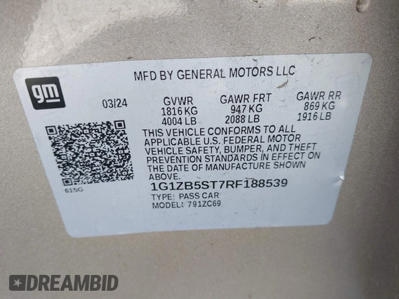 2024 Chevrolet Malibu LS with VIN 1G1ZB5ST7RF188539, listed as a IAAI auction lot 41746428 with 20,872 mi miles and . Bid and sale history available at DreamBid. Image 9.