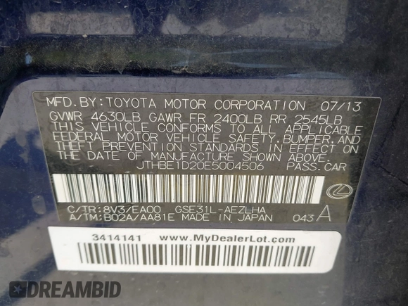 2014 Lexus IS 350 with VIN JTHBE1D20E5004506, listed as a IAAI auction lot 42536350 with 129,545 mi miles and . Bid and sale history available at DreamBid. Image 9.