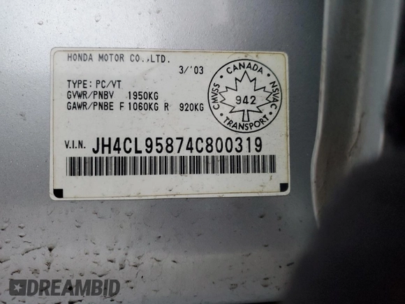 2004 Acura TSX with VIN JH4CL95874C800319, listed as a Copart auction lot 85513254 with 216,426 mi miles and Salvage title. Bid and sale history available at DreamBid. Image 12.