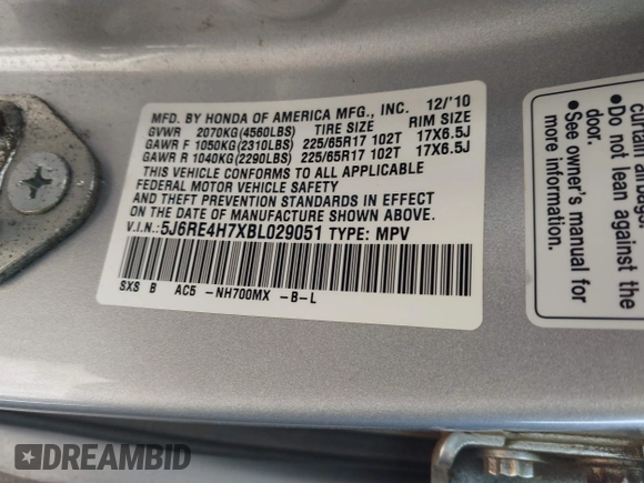 2011 Honda CR-V EX-L with VIN 5J6RE4H7XBL029051, listed as a IAAI auction lot 41758472 with 201,164 mi miles. Bid and sale history available at carsss.com. Image 9.