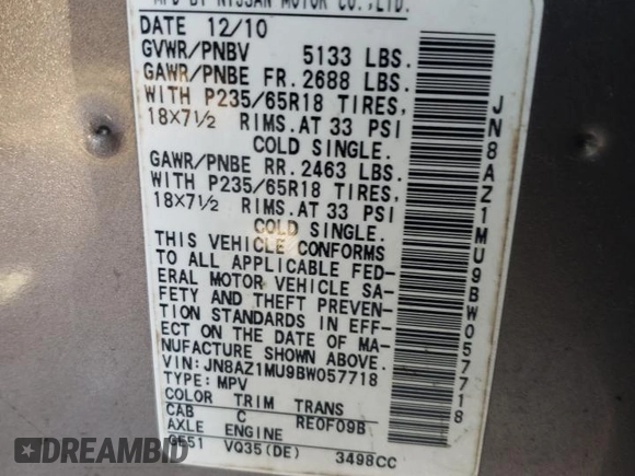 2011 Nissan Murano S with VIN JN8AZ1MU9BW057718, listed as a Copart auction lot 75419324 with 167,698 mi miles and Salvage Title. Bid and sale history available at carsss.com. Image 16.