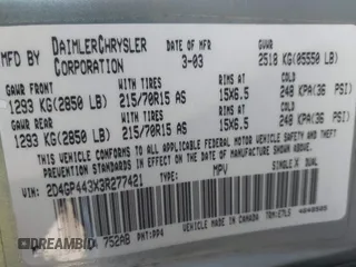 2003 Dodge Grand Caravan with VIN 2D4GP443X3R277421, listed as a IAAI auction lot 41035290 with 243,568 mi miles and . Bid and sale history available at DreamBid. Image 9.