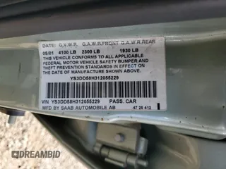 2001 Saab 9-3 with VIN YS3DD58H312055229, listed as a Copart auction lot 74199934 with 160,996 mi miles and Non Repairable. Bid and sale history available at carsss.com. Image 12.