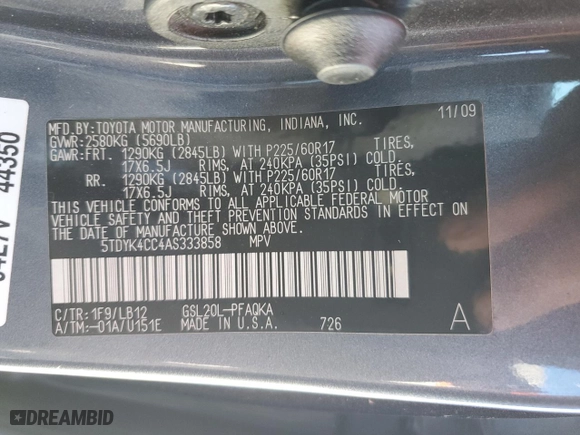 2010 Toyota Sienna XLE with VIN 5TDYK4CC4AS333858, listed as a Copart auction lot 48161475 with 259,223 mi miles and Salvage Title. Bid and sale history available at carsss.com. Image 13.