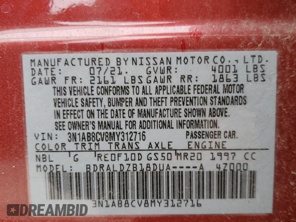 2021 Nissan Sentra SV with VIN 3N1AB8CV8MY312716, listed as a Copart auction lot 53187875 with 10,166 mi miles and Salvage Title. Bid and sale history available at carsss.com. Image 12.