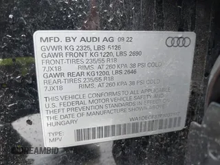 2023 Audi Q3 S line Premium with VIN WA1DECF37P1037177, listed as a IAAI auction lot 42124532 with 45,953 mi miles and . Bid and sale history available at DreamBid. Image 9.