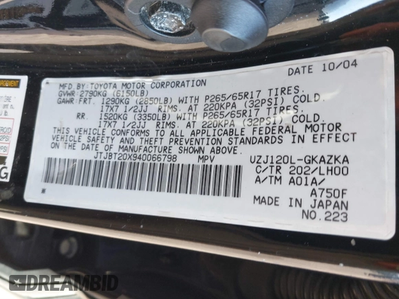 2004 Lexus GX 470 with VIN JTJBT20X940066798, listed as a IAAI auction lot 41822097 with 286,044 mi miles and . Bid and sale history available at DreamBid. Image 9.