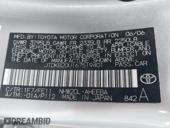 2006 Toyota Prius z VIN JTDKB20U167519401, wystawiony jako IAAI lot #42149930 z przebiegiem Nie podano mil oraz . Historia ofert i sprzedaży dostępna na DreamBid. Obrazek 9.