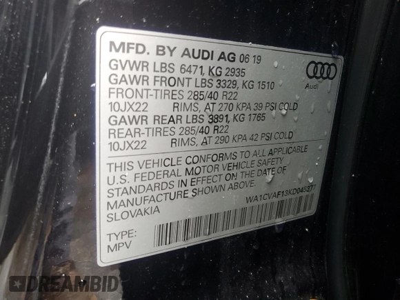 2019 Audi Q8 Prestige с VIN WA1CVAF13KD045377, выставлен на аукционе Copart как лот 57900525 с пробегом 100 242 миль миль и Списание • Salvage title. История ставок и продаж доступна на DreamBid. Изображение 13.