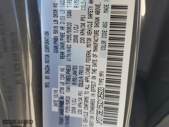 2016 Mazda CX-9 Signature with VIN JM3TCBEY5G0125933, listed as a Copart auction lot 48476805 with 145,841 mi miles and Clean Title. Bid and sale history available at carsss.com. Image 13.