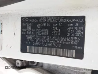 2007 Hyundai Santa Fe SE with VIN 5NMSH73E67H126018, listed as a IAAI auction lot 42309323 with Not provided miles and . Bid and sale history available at DreamBid. Image 9.