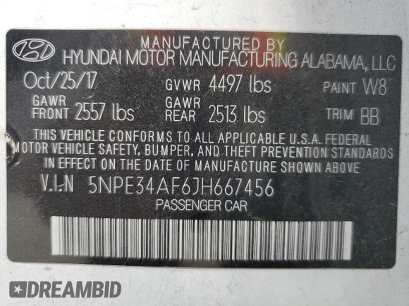 2018 Hyundai Sonata SEL with VIN 5NPE34AF6JH667456, listed as a Copart auction lot 52322835 with 95,047 mi miles and Salvage Title. Bid and sale history available at DreamBid. Image 13.