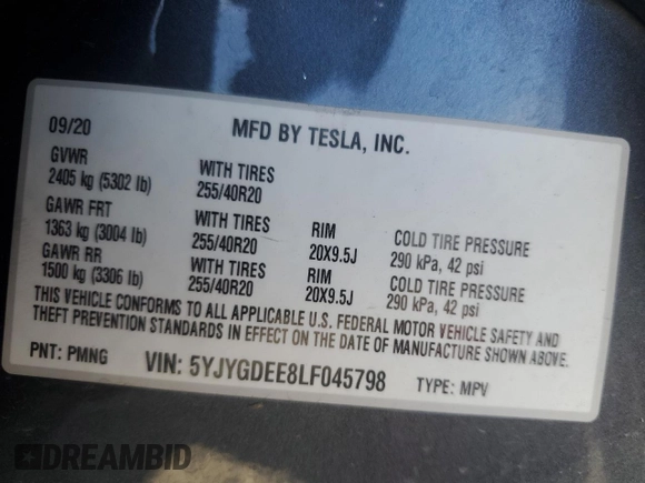 2020 Tesla Model Y Long Range with VIN 5YJYGDEE8LF045798, listed as a Copart auction lot 53689115 with 35,882 mi miles and Salvage Title. Bid and sale history available at DreamBid. Image 12.