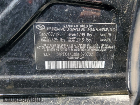 2013 Hyundai Sonata Limited with VIN 5NPEC4AC8DH598702, listed as a Copart auction lot 56369925 with 150,252 mi miles and Clean Title. Bid and sale history available at DreamBid. Image 12.
