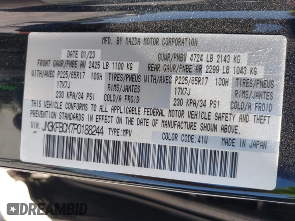 2023 Mazda CX-5 S Preferred with VIN JM3KFBCM7P0188244, listed as a IAAI auction lot 41969630 with 51,058 mi miles and . Bid and sale history available at carsss.com. Image 9.