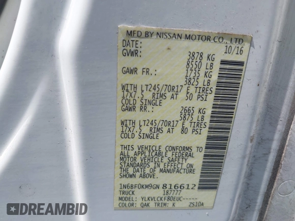 2016 Nissan NV SV with VIN 1N6BF0KM9GN816612, listed as a IAAI auction lot 42290269 with 200,710 mi miles and . Bid and sale history available at DreamBid. Image 9.
