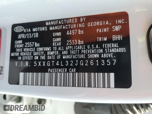 2018 Kia Optima LX with VIN 5XXGT4L32JG261357, listed as a Copart auction lot 64586425 with 18,502 mi miles and Salvage title. Bid and sale history available at DreamBid. Image 12.