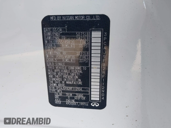 2024 Infiniti QX50 Sport with VIN 3PCAJ5FB2RF112904, listed as a IAAI auction lot 41893781 with 6,277 mi miles and . Bid and sale history available at DreamBid. Image 9.