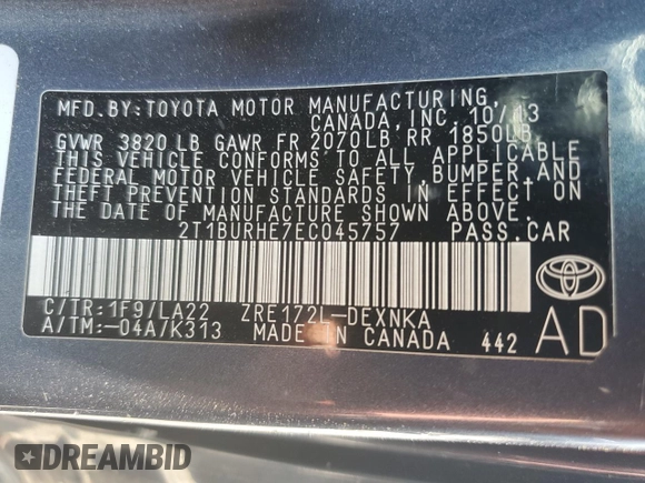 2014 Toyota Corolla L with VIN 2T1BURHE7EC045757, listed as a Copart auction lot 62062865 with 142,578 mi miles and Salvage title. Bid and sale history available at DreamBid. Image 12.