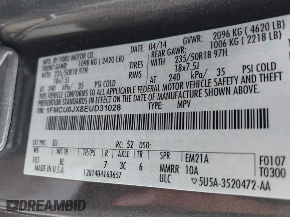 2014 Ford Escape Titanium with VIN 1FMCU0JX8EUD31028, listed as a IAAI auction lot 41943690 with 91,295 mi miles. Bid and sale history available at carsss.com. Image 9.