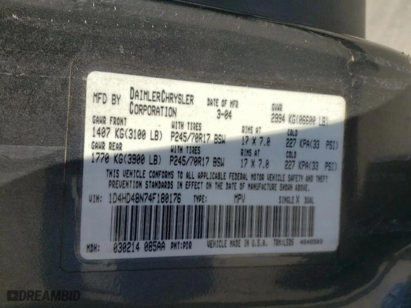 2004 Dodge Durango SLT with VIN 1D4HD48N74F180176, listed as a Copart auction lot 62218094 with 234,840 mi miles and Salvage Title. Bid and sale history available at carsss.com. Image 13.