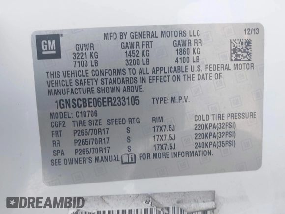 2014 Chevrolet Tahoe LT with VIN 1GNSCBE06ER233105, listed as a IAAI auction lot 41753190 with 161,056 mi miles and . Bid and sale history available at DreamBid. Image 9.