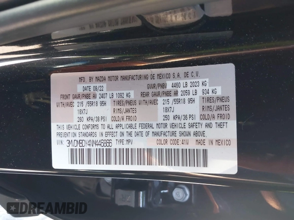 2022 Mazda CX-30 2.5 Turbo Premium Package with VIN 3MVDMBDY4NM446866, listed as a IAAI auction lot 41704578 with 24,360 mi miles. Bid and sale history available at carsss.com. Image 9.