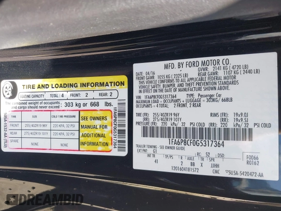 2016 Ford Mustang GT with VIN 1FA6P8CF0G5317364, listed as a IAAI auction lot 41881721 with 85,713 mi miles. Bid and sale history available at carsss.com. Image 9.