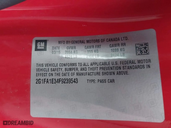 2015 Chevrolet Camaro LS with VIN 2G1FA1E34F9239543, listed as a IAAI auction lot 41517008 with 142784 miles. Bid and sale history available at carsss.com. Image 9.