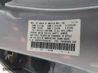 2015 Honda Accord Sedan Sport with VIN 1HGCR2F53FA060487, listed as a IAAI auction lot 41350122 with 153,940 mi miles. Bid and sale history available at carsss.com. Image 9.