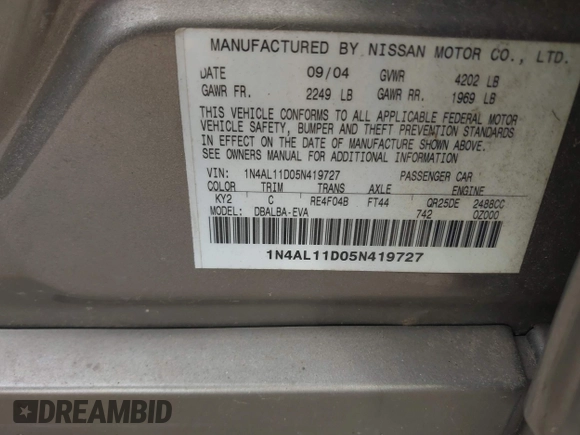 2005 Nissan Altima 2.5 S with VIN 1N4AL11D05N419727, listed as a IAAI auction lot 41950977 with 172,485 mi miles. Bid and sale history available at carsss.com. Image 9.