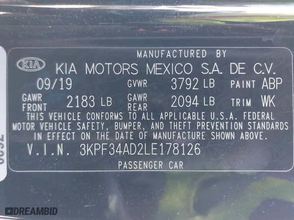 2020 Kia Forte GT-Line with VIN 3KPF34AD2LE178126, listed as a IAAI auction lot 41725190 with 50,926 mi miles. Bid and sale history available at carsss.com. Image 9.