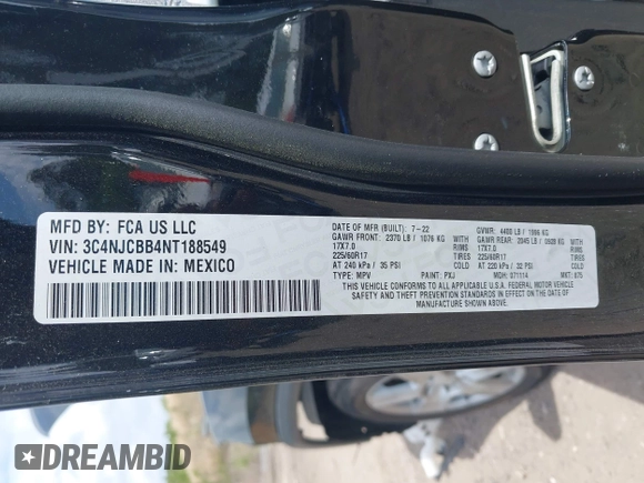 2022 Jeep Compass Latitude с VIN 3C4NJCBB4NT188549, выставлен на аукционе IAAI как лот 41954251 с пробегом Не указан миль и . История ставок и продаж доступна на DreamBid. Изображение 9.