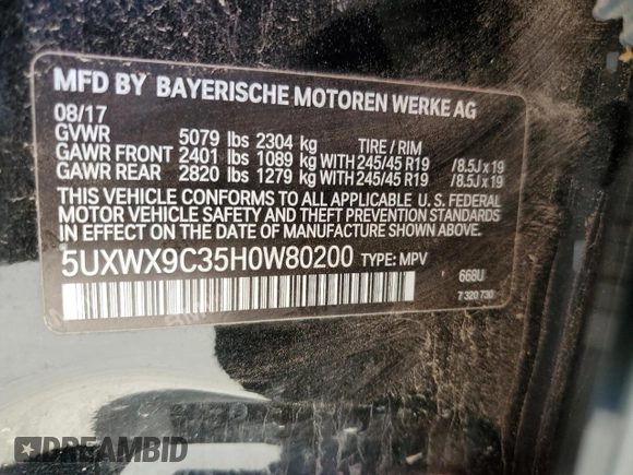 2017 BMW X3 xDrive28i with VIN 5UXWX9C35H0W80200, listed as a Copart auction lot 43556204 with 80,252 mi miles and Clean Title. Bid and sale history available at DreamBid. Image 12.