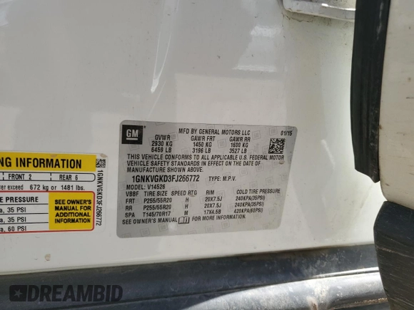 2015 Chevrolet Traverse LT with VIN 1GNKVGKD3FJ266772, listed as a Copart auction lot 62685805 with 181,768 mi miles and Salvage title. Bid and sale history available at DreamBid. Image 13.