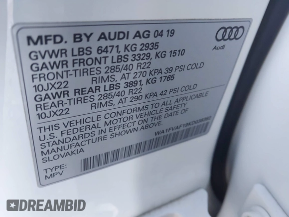 2019 Audi Q8 Prestige with VIN WA1FVAF19KD038382, listed as a IAAI auction lot 41237280 with 57,504 mi miles and . Bid and sale history available at DreamBid. Image 9.