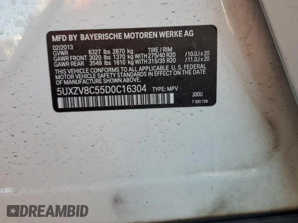 2013 BMW X5 xDrive50i with VIN 5UXZV8C55D0C16304, listed as a Copart auction lot 53406135 with 103,704 mi miles and Salvage title. Bid and sale history available at DreamBid. Image 14.