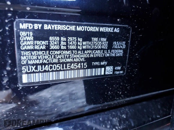2020 BMW X5 M50i with VIN 5UXJU4C05LLE45415, listed as a Copart auction lot 80190304 with Not Provided miles and Salvage Title. Bid and sale history available at DreamBid. Image 14.