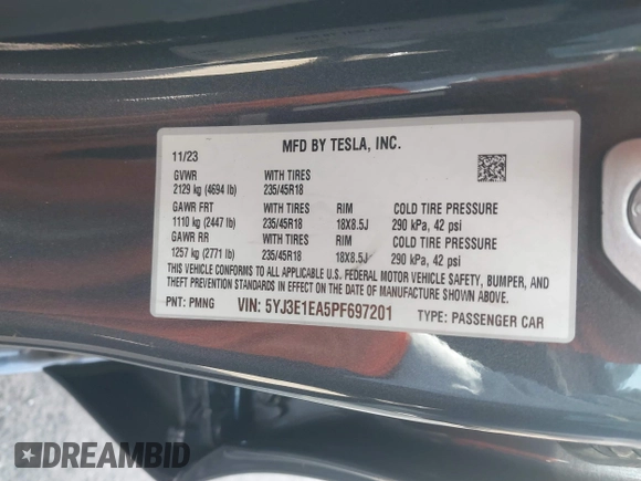 2023 Tesla Model 3 with VIN 5YJ3E1EA5PF697201, listed as a IAAI auction lot 41589422 with 16,862 mi miles and . Bid and sale history available at carsss.com. Image 9.