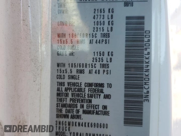 2019 Nissan NV200 SV with VIN 3N6CM0KN4KK690600, listed as a Copart auction lot 48526095 with 84,728 mi miles and Salvage title. Bid and sale history available at DreamBid. Image 13.