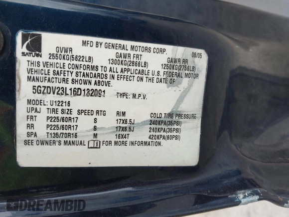 2006 Saturn Relay 3 z VIN 5GZDV23L16D132091, wystawiony jako IAAI lot #42129100 z przebiegiem 99 725 mil mil oraz . Historia ofert i sprzedaży dostępna na DreamBid. Obrazek 9.