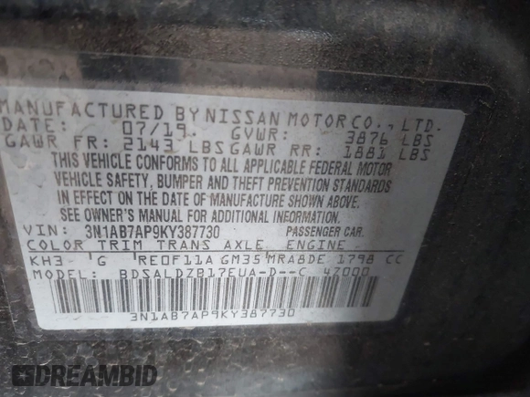 2019 Nissan Sentra S with VIN 3N1AB7AP9KY387730, listed as a IAAI auction lot 41573128 with 59,630 mi miles and . Bid and sale history available at DreamBid. Image 9.