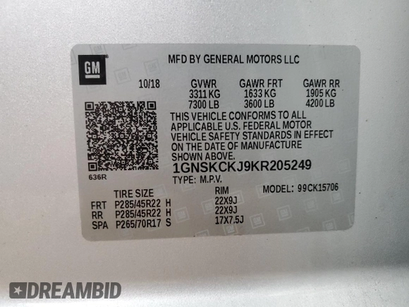 2019 Chevrolet Tahoe Premier with VIN 1GNSKCKJ9KR205249, listed as a Copart auction lot 41647065 with 46,854 mi miles and Salvage title. Bid and sale history available at DreamBid. Image 15.
