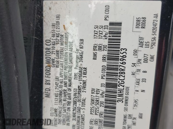 2011 Lincoln MKZ with VIN 3LNHL2GC2BR769653, listed as a Copart auction lot 49663715 with 97,118 mi miles and Salvage Title. Bid and sale history available at DreamBid. Image 13.